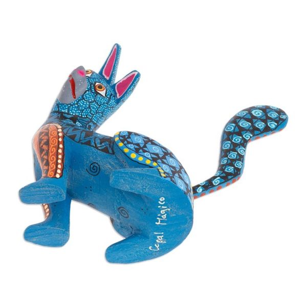 Alternate image for Wood Cat Alebrije Figurine in Teal Hand-Painted in Mexico Curious Cat in Teal