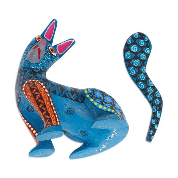 Alternate image for Wood Cat Alebrije Figurine in Teal Hand-Painted in Mexico Curious Cat in Teal