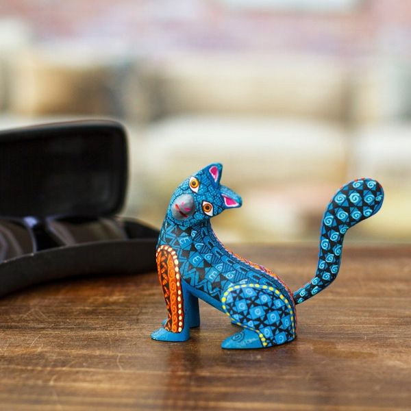 Alternate image for Wood Cat Alebrije Figurine in Teal Hand-Painted in Mexico Curious Cat in Teal