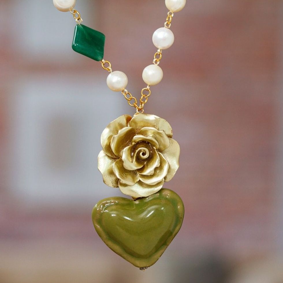 Floral and Heart-Themed Gold-Accented Green Pendant Necklace 'My Forest Heart'