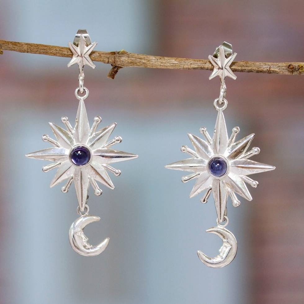 Star and Moon-Themed Dangle Earrings with Amethyst Jewels 'Constellation of the Sage'