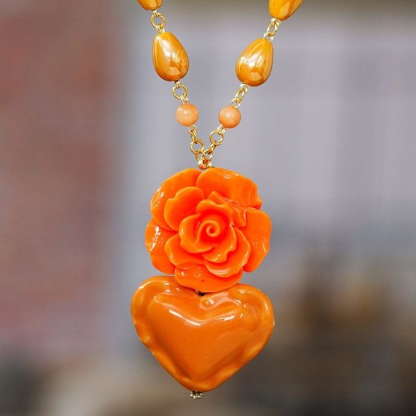 Alternate image for Gold-Accented Floral and Heart Orange Pendant Necklace My Evening Heart