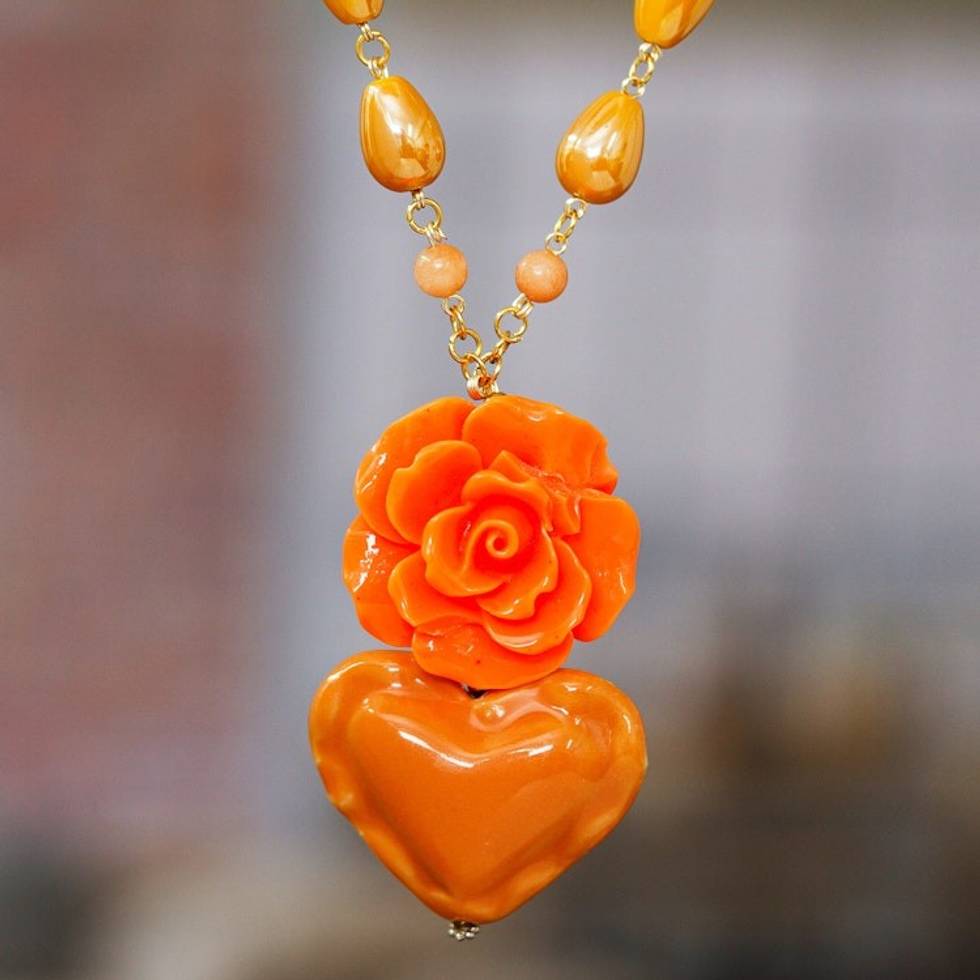 Gold-Accented Floral and Heart Orange Pendant Necklace 'My Evening Heart'
