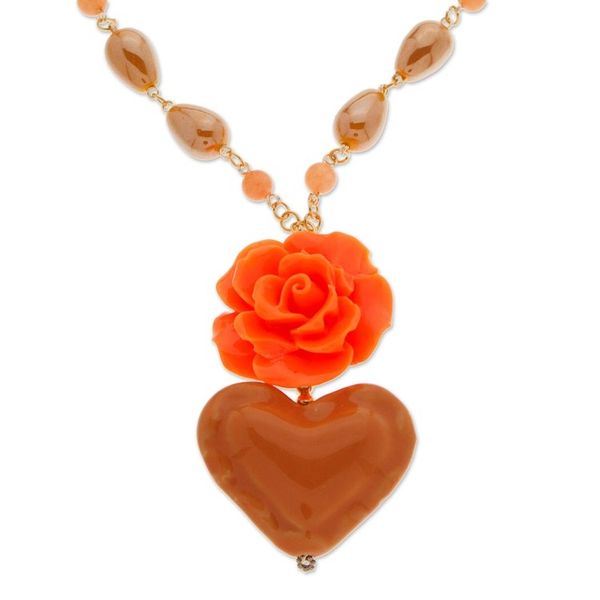 Alternate image for Gold-Accented Floral and Heart Orange Pendant Necklace My Evening Heart
