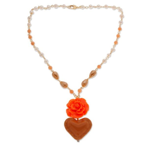 Alternate image for Gold-Accented Floral and Heart Orange Pendant Necklace My Evening Heart