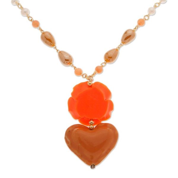 Alternate image for Gold-Accented Floral and Heart Orange Pendant Necklace My Evening Heart