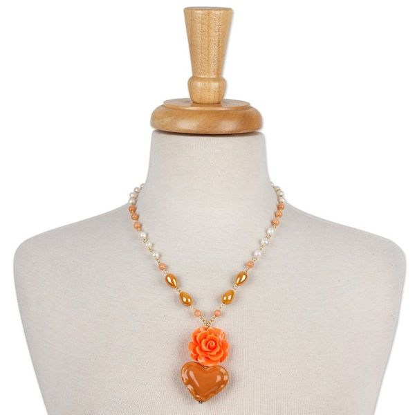 Alternate image for Gold-Accented Floral and Heart Orange Pendant Necklace My Evening Heart