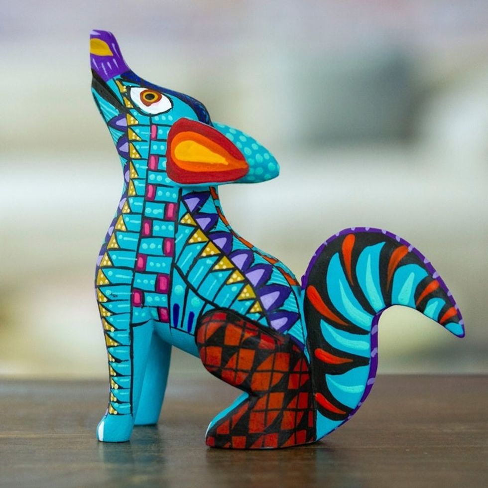 Copal Wood Alebrije Coyote Figurine Hand-Painted in Cyan 'Island Coyote'