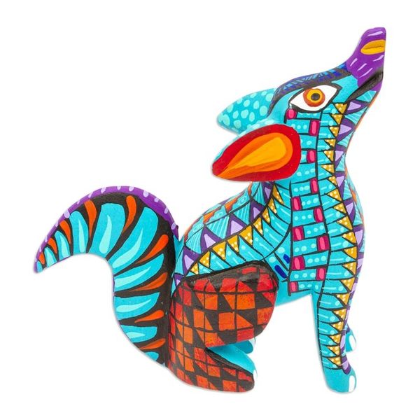 Alternate image for Copal Wood Alebrije Coyote Figurine Hand-Painted in Cyan Island Coyote