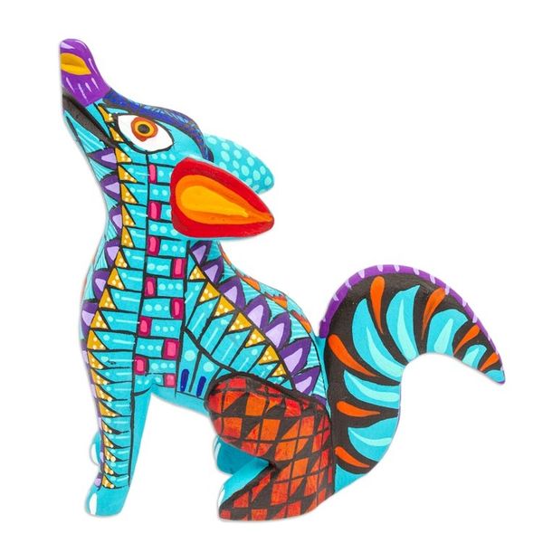 Alternate image for Copal Wood Alebrije Coyote Figurine Hand-Painted in Cyan Island Coyote