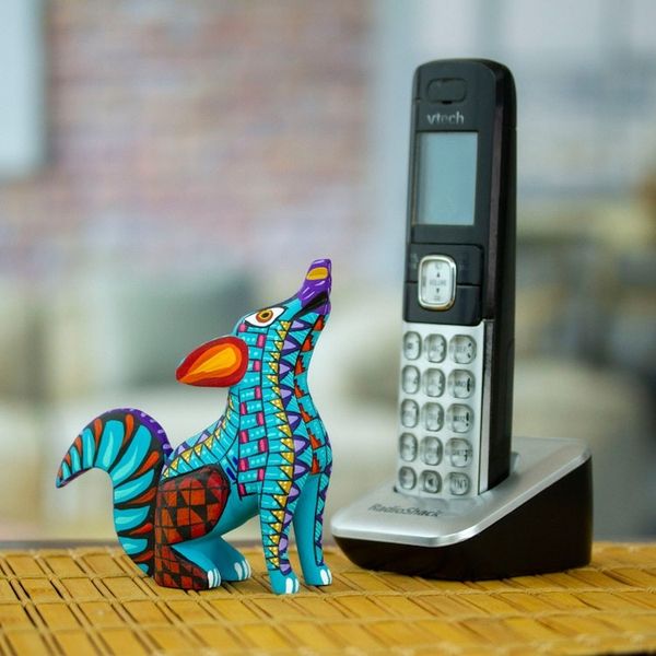 Alternate image for Copal Wood Alebrije Coyote Figurine Hand-Painted in Cyan Island Coyote