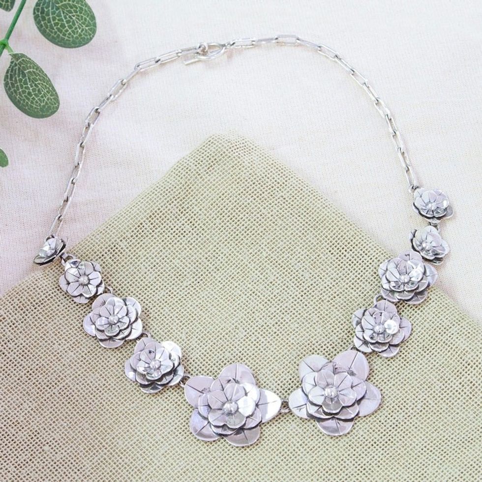 High-Polished Floral Sterling Silver Statement Necklace 'Divine Blossoming'