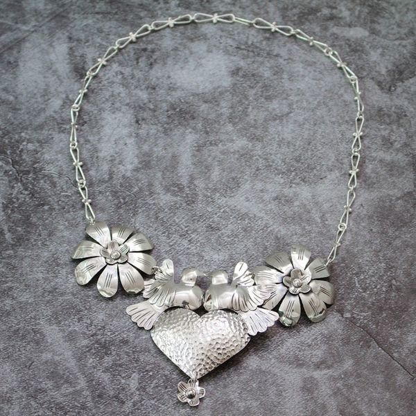Alternate image for Taxco 925 Silver Bird Heart Flower Statement Necklace Bird Heart and Flower