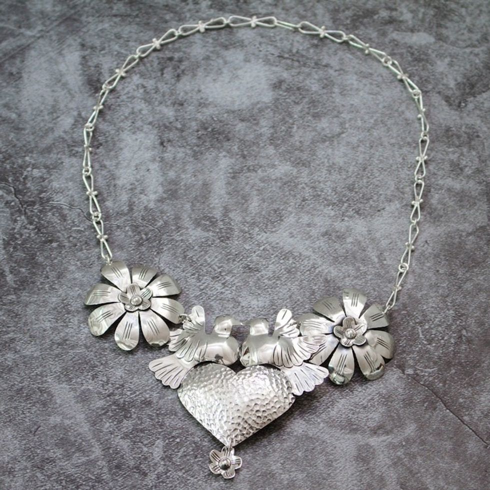 Taxco 925 Silver Bird Heart Flower Statement Necklace 'Bird Heart and Flower'