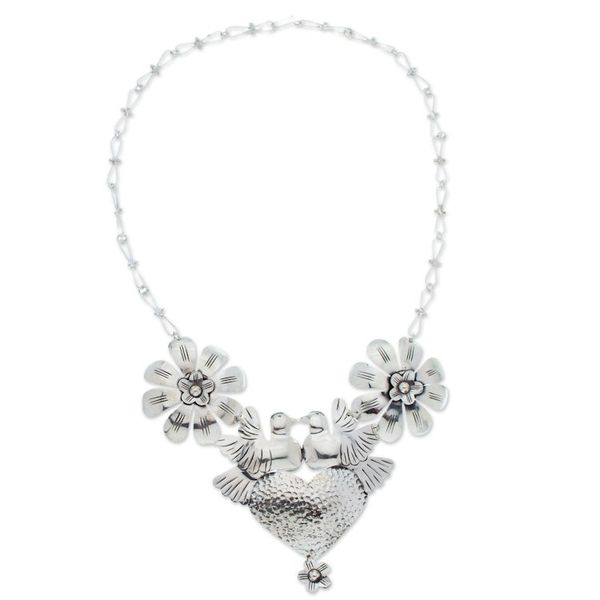Alternate image for Taxco 925 Silver Bird Heart Flower Statement Necklace Bird Heart and Flower