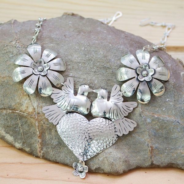 Alternate image for Taxco 925 Silver Bird Heart Flower Statement Necklace Bird Heart and Flower