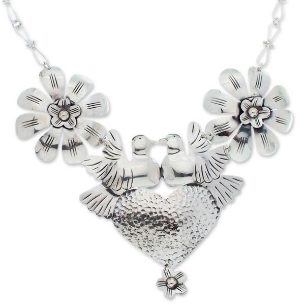 Alternate image for Taxco 925 Silver Bird Heart Flower Statement Necklace Bird Heart and Flower