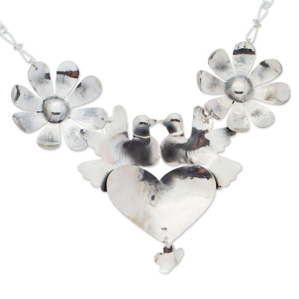 Alternate image for Taxco 925 Silver Bird Heart Flower Statement Necklace Bird Heart and Flower