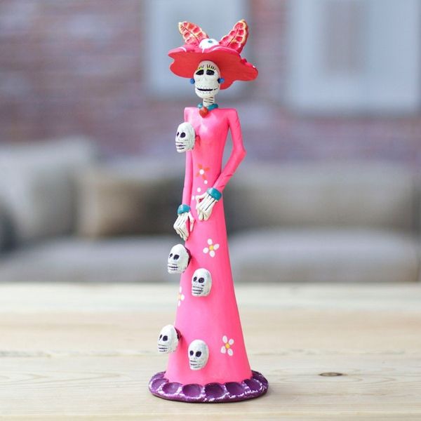 Alternate image for Hand-Painted Skull Lady Catrina Ceramic Sculpture in Pink Lady Catrina in Pink