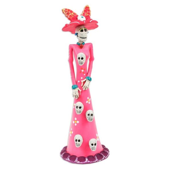 Alternate image for Hand-Painted Skull Lady Catrina Ceramic Sculpture in Pink Lady Catrina in Pink