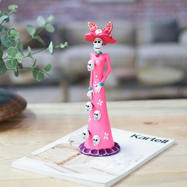 Alternate image for Hand-Painted Skull Lady Catrina Ceramic Sculpture in Pink Lady Catrina in Pink