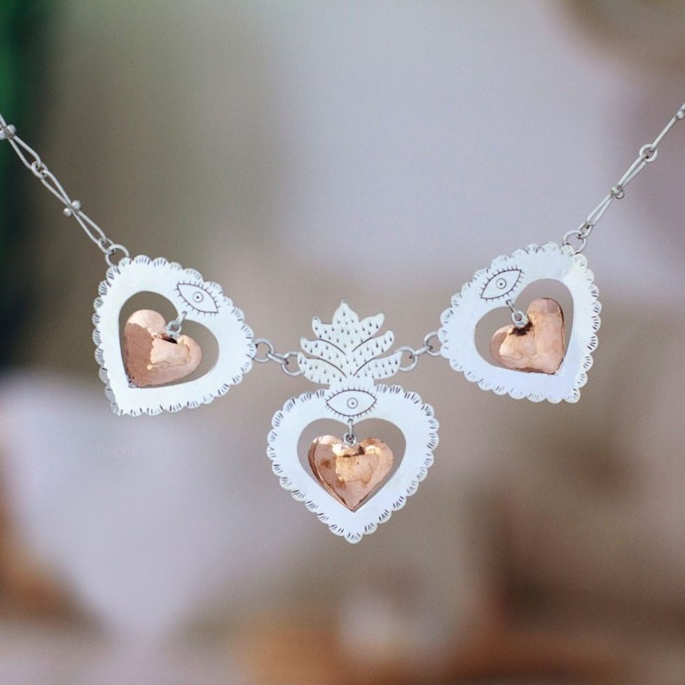 Heart-Shaped Sterling Silver and Copper Statement Necklace 'Heart of Traditions'
