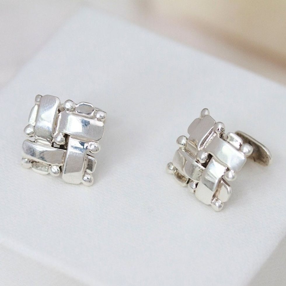 Polished Taxco Sterling Silver Cufflinks from Mexico Pair 'Braided Gala'