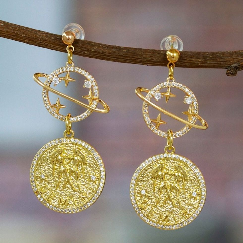Cosmos-Themed 24k Gold-Plated Brass Gemini Dangle Earrings 'Gemini Galaxy'