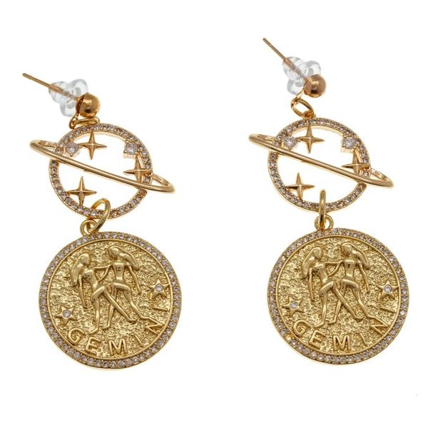 Alternate image for Cosmos-Themed 24k Gold-Plated Brass Gemini Dangle Earrings Gemini Galaxy