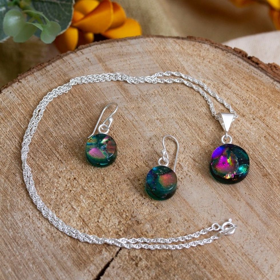 Round Viridian Dichroic Art Glass Jewelry Set from Mexico 'Viridian World'