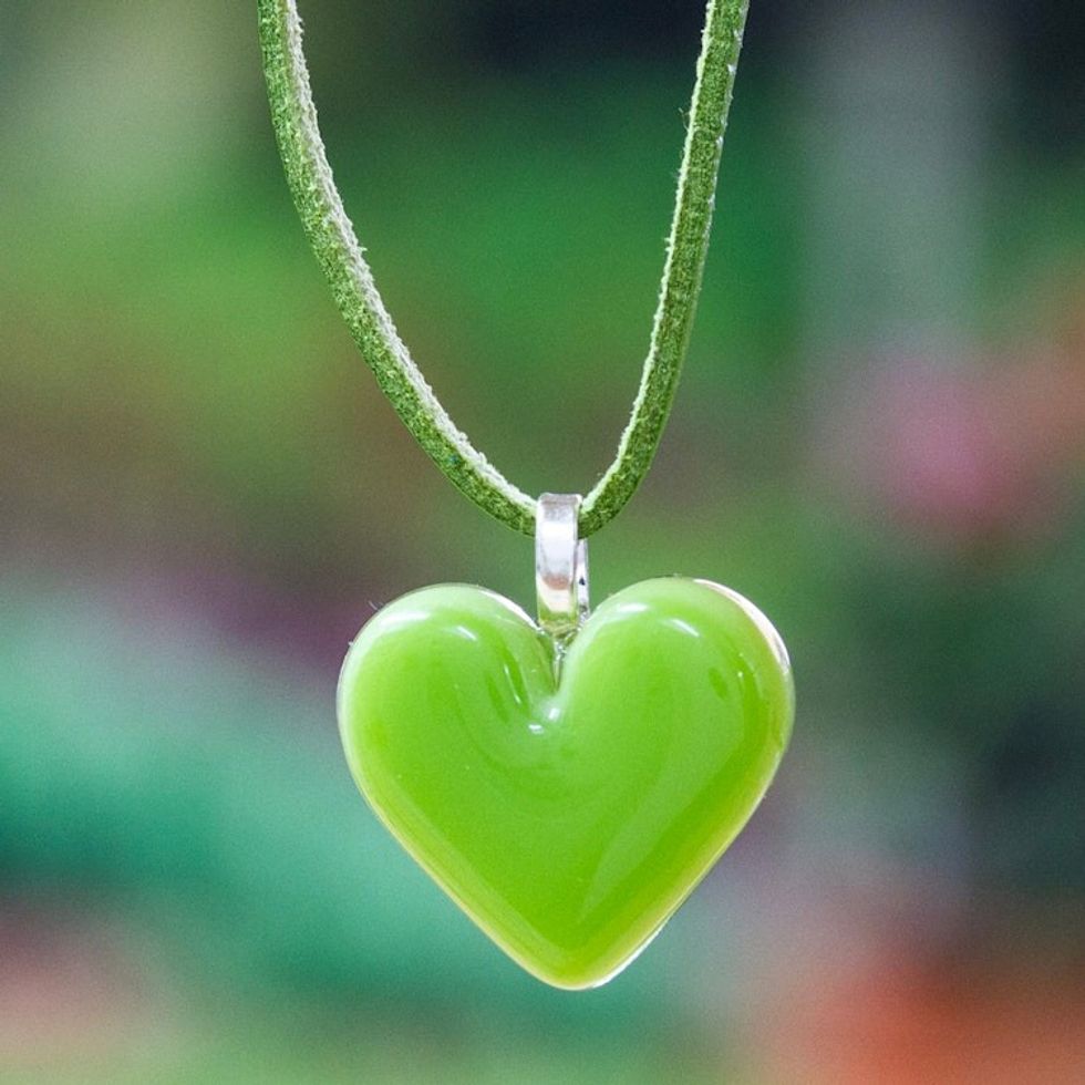 Art Glass Heart-Shaped Pendant Necklace in Spring Green 'My Spring Green Love'