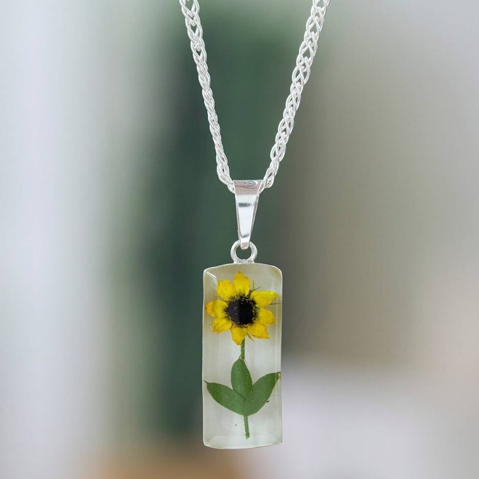 Cylindrical Natural Sunflower Resin Pendant Necklace 'Sun Gift'