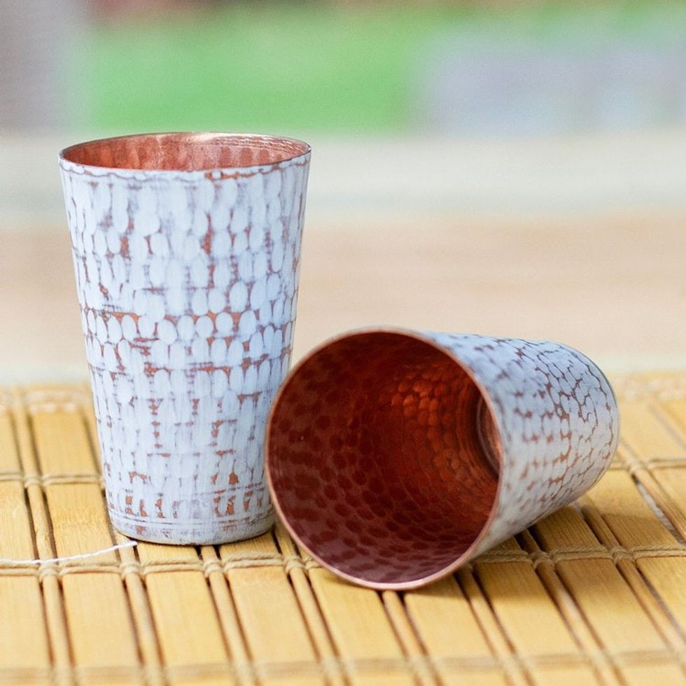2 White Hammered Oxidized Recycled Copper Tequila Cups 'Tasting in White'