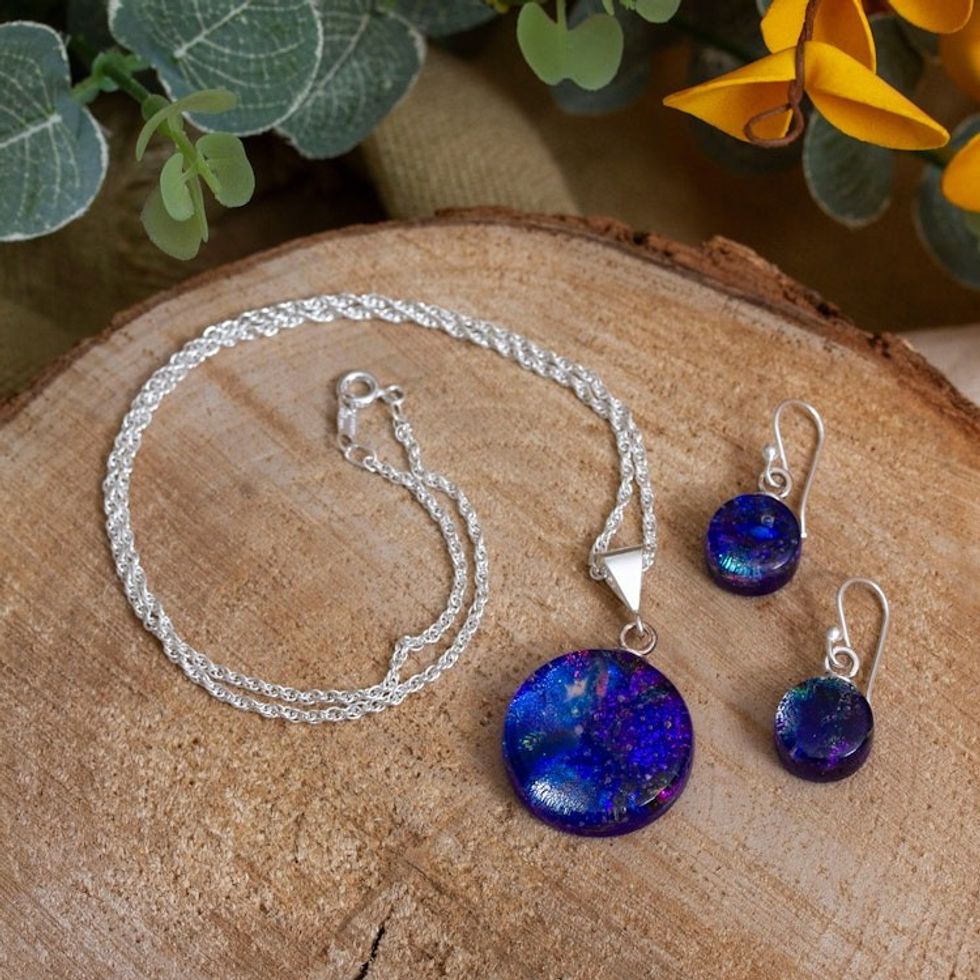 Round Midnight Dichroic Art Glass Jewelry Set from Mexico 'Midnight World'