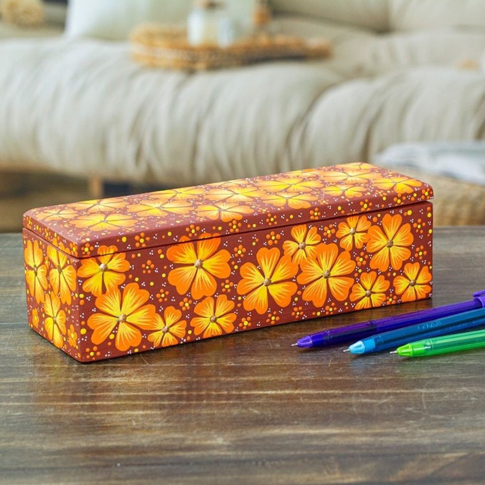 Hand-Painted Orange Decorative Wood Box with Floral Details 'Summer Eden'