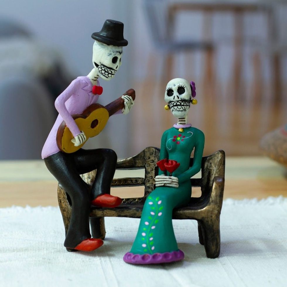 Hand-Painted Classic Day of the Dead Serenade Sculpture 'Serenade at the Underworld'