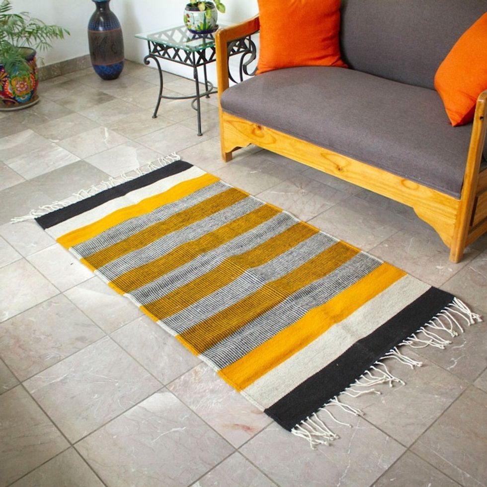 Handloomed Zapotec Striped Wool Area Rug 2.5x5 'Lines of Sunshine'