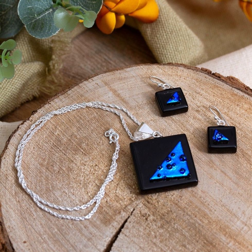 Square Blue and Black Dichroic Art Glass Jewelry Set 'Square Dreams'