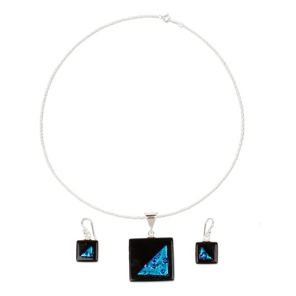 Alternate image for Square Blue and Black Dichroic Art Glass Jewelry Set Square Dreams
