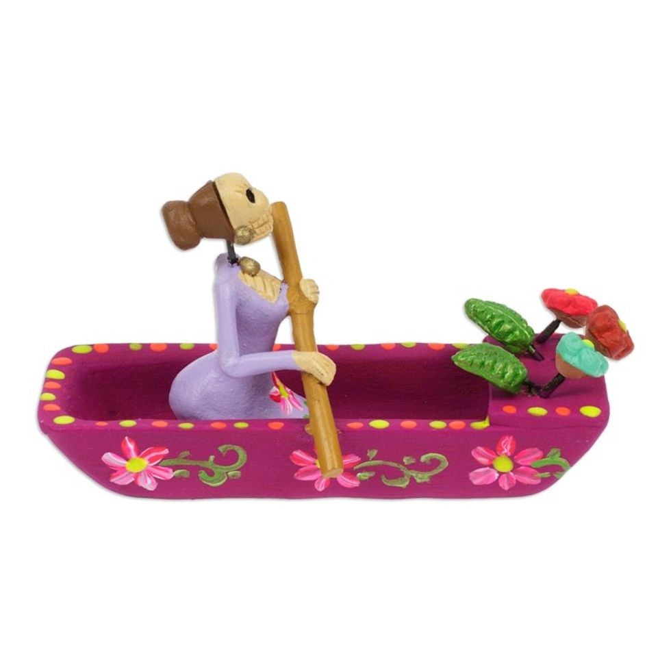 Hand-Painted Catrina on a Boat Ceramic Figurine in Purple 'River Catrina in Mulberry'