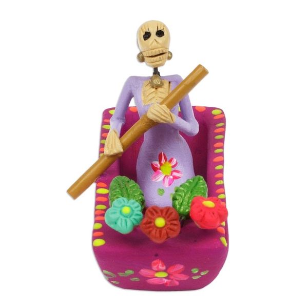 Alternate image for Hand-Painted Catrina on a Boat Ceramic Figurine in Purple River Catrina in Mulberry