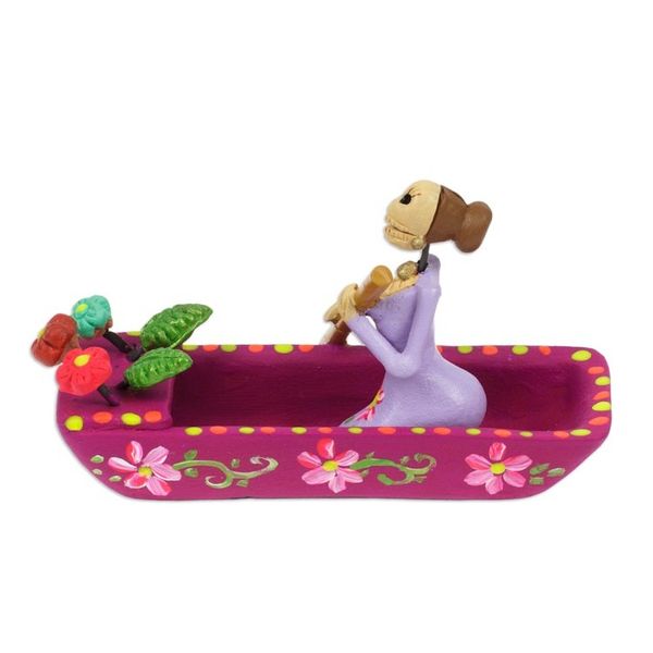 Alternate image for Hand-Painted Catrina on a Boat Ceramic Figurine in Purple River Catrina in Mulberry