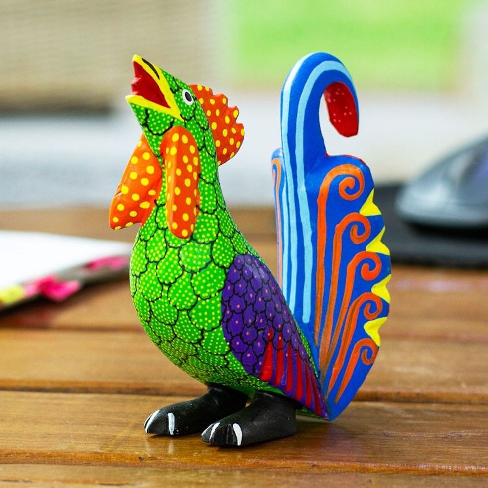 Colorful Wood Rooster Alebrije Figurine Painted by Hand 'Impressive Rooster'