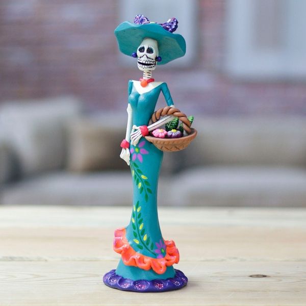 Alternate image for Painted Spring Lady Catrina Ceramic Sculpture in Teal Lady Catrina in Spring