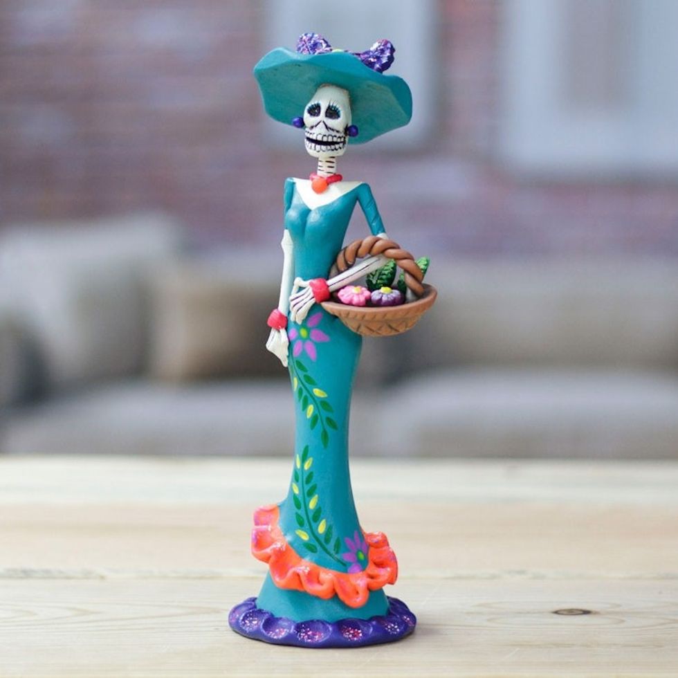 Painted Spring Lady Catrina Ceramic Sculpture in Teal 'Lady Catrina in Spring'
