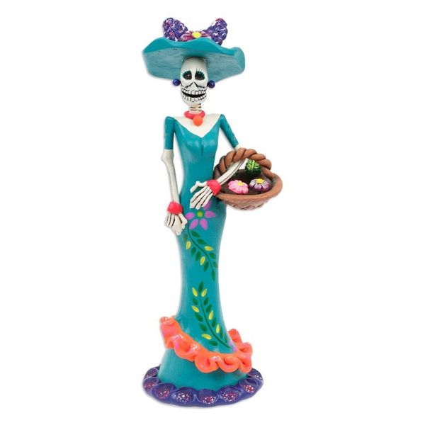 Alternate image for Painted Spring Lady Catrina Ceramic Sculpture in Teal Lady Catrina in Spring