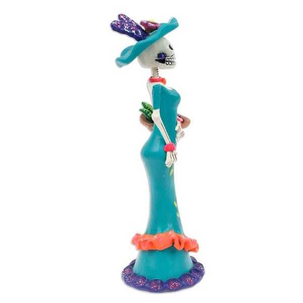 Alternate image for Painted Spring Lady Catrina Ceramic Sculpture in Teal Lady Catrina in Spring