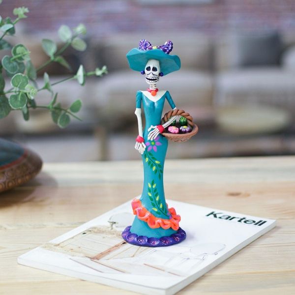Alternate image for Painted Spring Lady Catrina Ceramic Sculpture in Teal Lady Catrina in Spring
