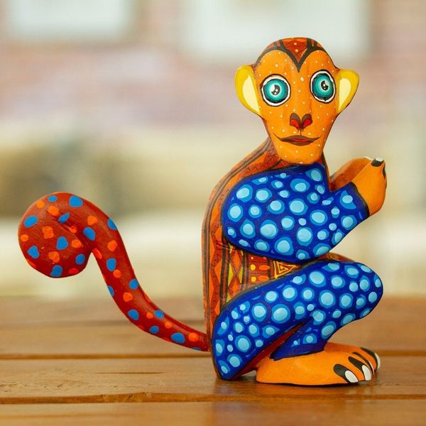 Alternate image for Painted Brown and Blue Copal Wood Alebrije Monkey Figurine Playful Soul in Brown