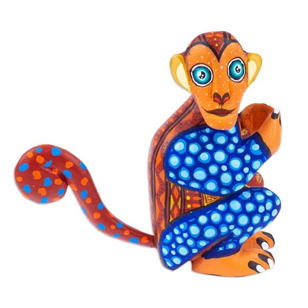 Alternate image for Painted Brown and Blue Copal Wood Alebrije Monkey Figurine Playful Soul in Brown